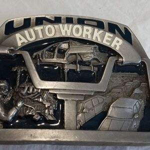 Auto Worker Belt Buckle - Silver and Blue